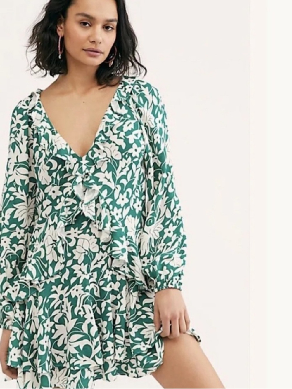 Free People XS Emerald Green & White Floral Ruffle Mini Dress NWT